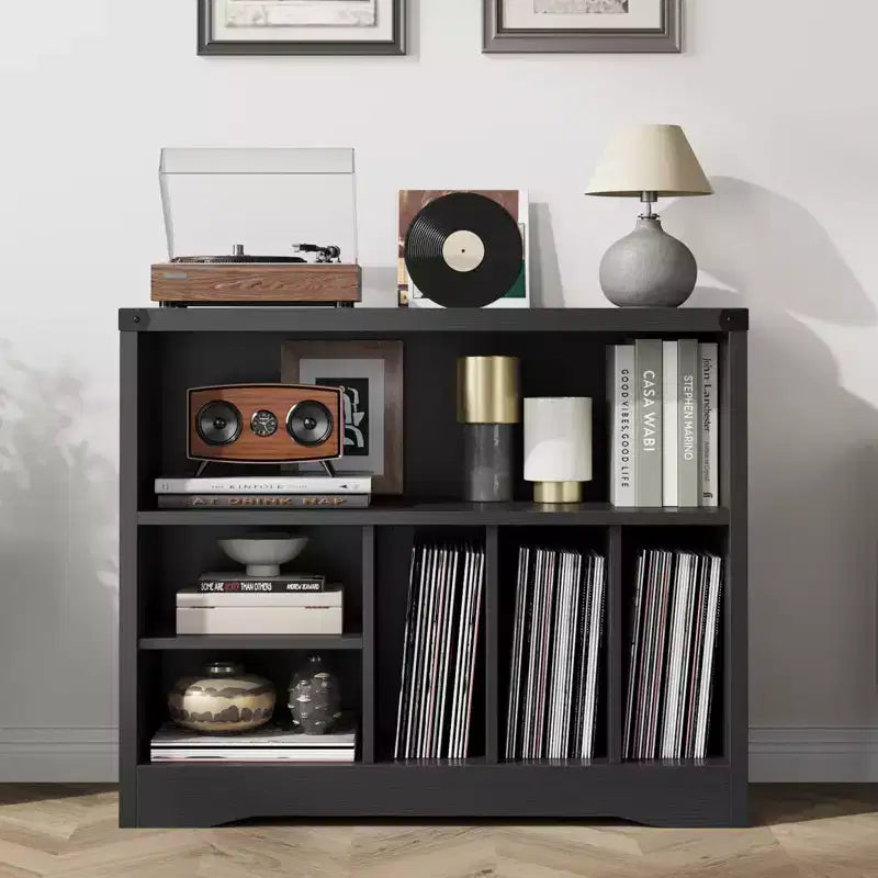 Record Player Stand, Rustic Turntable Rack with 6 Vinyl Storage Compartments, Wooden Organizer for Living Room