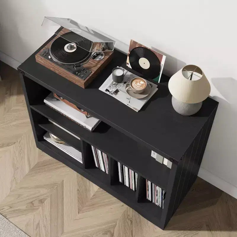 Record Player Stand, Rustic Turntable Rack with 6 Vinyl Storage Compartments, Wooden Organizer for Living Room