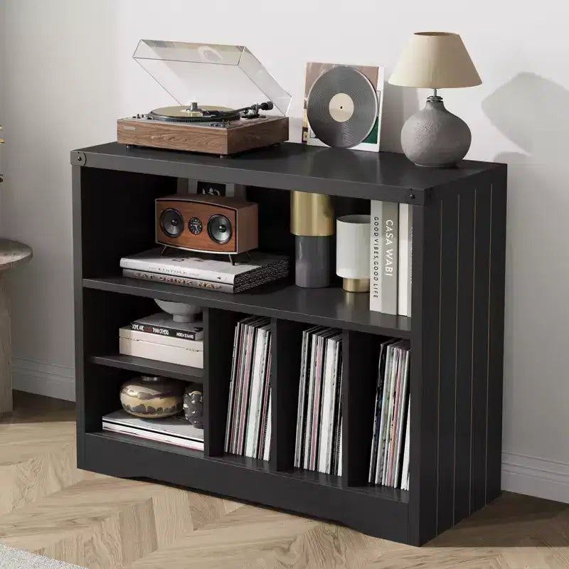 Record Player Stand, Rustic Turntable Rack with 6 Vinyl Storage Compartments, Wooden Organizer for Living Room