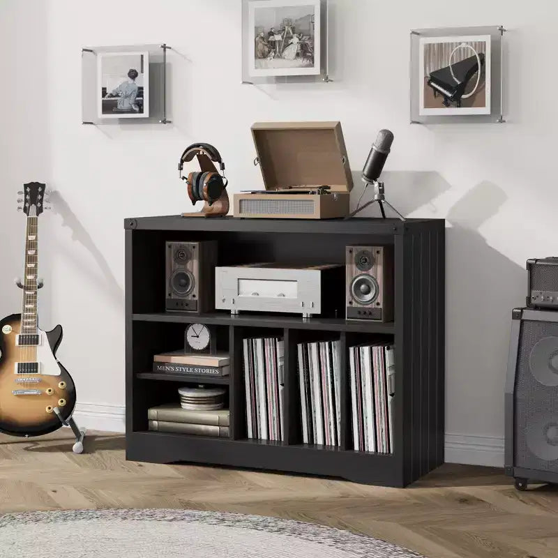 Record Player Stand, Rustic Turntable Rack with 6 Vinyl Storage Compartments, Wooden Organizer for Living Room