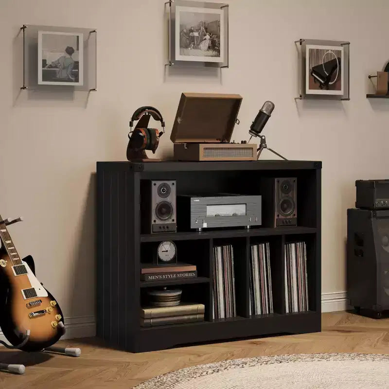 Record Player Stand, Rustic Turntable Rack with 6 Vinyl Storage Compartments, Wooden Organizer for Living Room