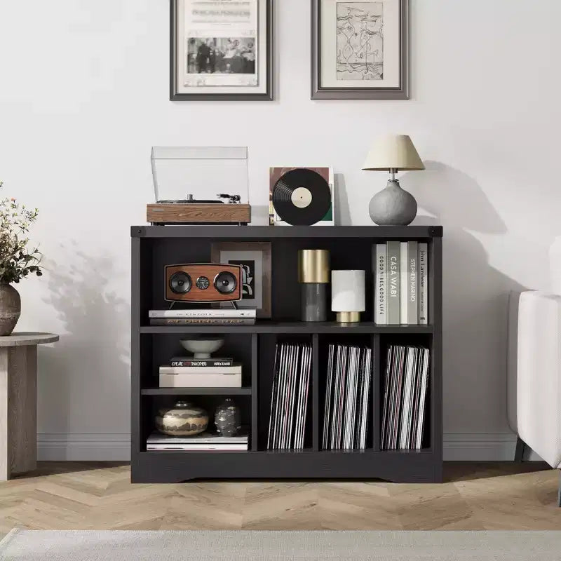 Record Player Stand, Rustic Turntable Rack with 6 Vinyl Storage Compartments, Wooden Organizer for Living Room