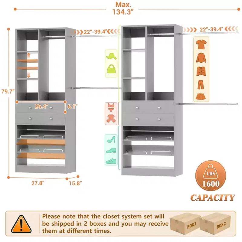 Besiost Freestanding Closet Storage System with Shoes Shelf and Hanging Rods, Walk-In Closet Organizer with Drawers