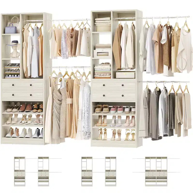 Besiost Freestanding Closet Storage System with Shoes Shelf and Hanging Rods, Walk-In Closet Organizer with Drawers