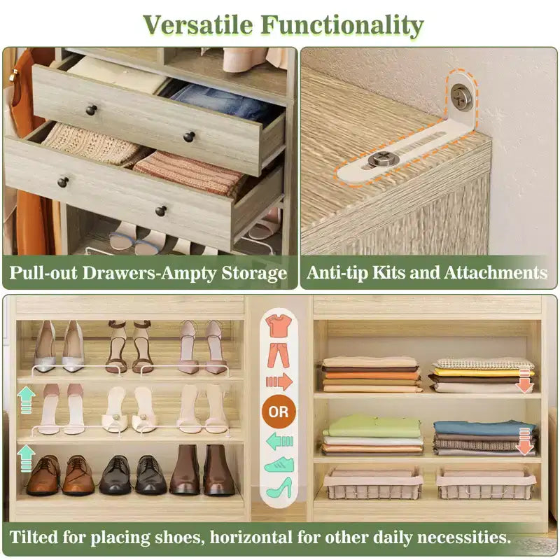 Besiost Freestanding Closet Storage System with Shoes Shelf and Hanging Rods, Walk-In Closet Organizer with Drawers