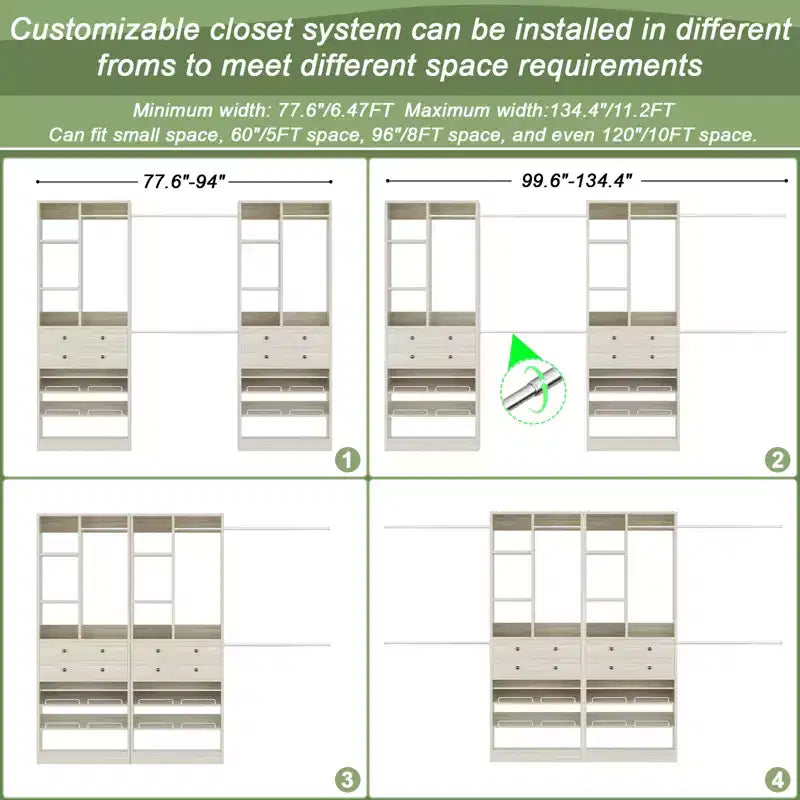 Besiost Freestanding Closet Storage System with Shoes Shelf and Hanging Rods, Walk-In Closet Organizer with Drawers