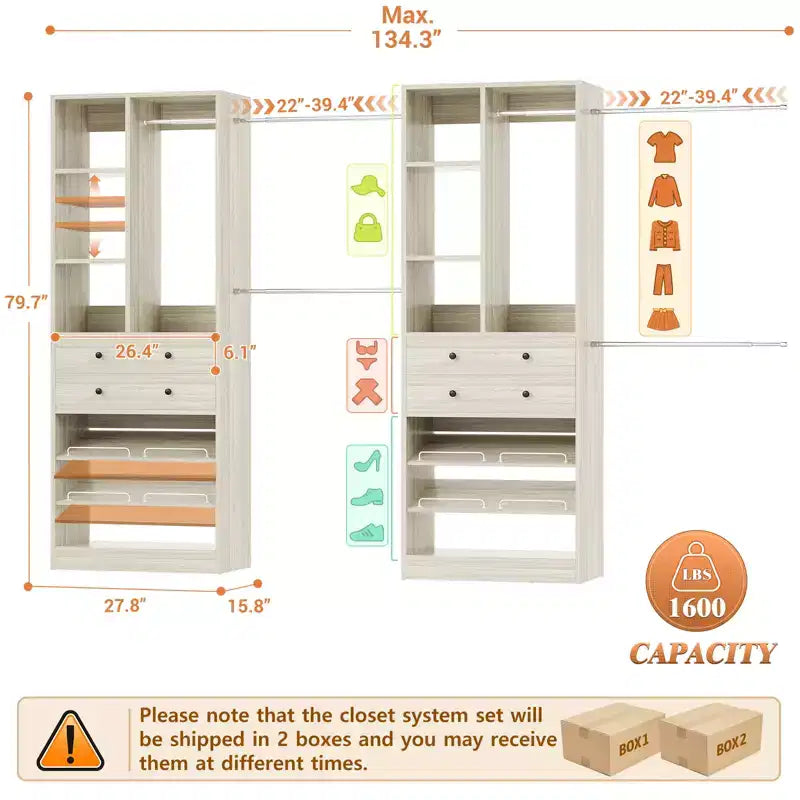 Besiost Freestanding Closet Storage System with Shoes Shelf and Hanging Rods, Walk-In Closet Organizer with Drawers