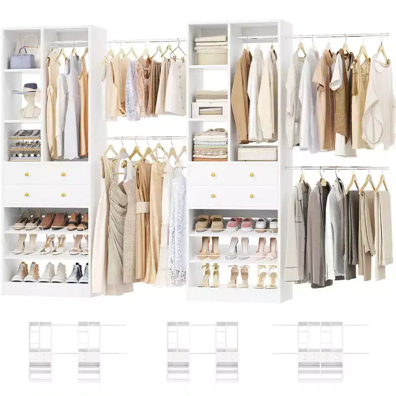 Besiost Freestanding Closet Storage System with Shoes Shelf and Hanging Rods, Walk-In Closet Organizer with Drawers