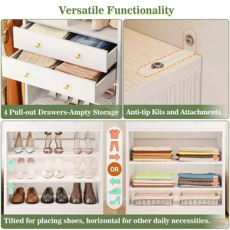 Besiost Freestanding Closet Storage System with Shoes Shelf and Hanging Rods, Walk-In Closet Organizer with Drawers