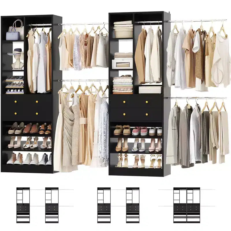 Besiost Freestanding Closet Storage System with Shoes Shelf and Hanging Rods, Walk-In Closet Organizer with Drawers