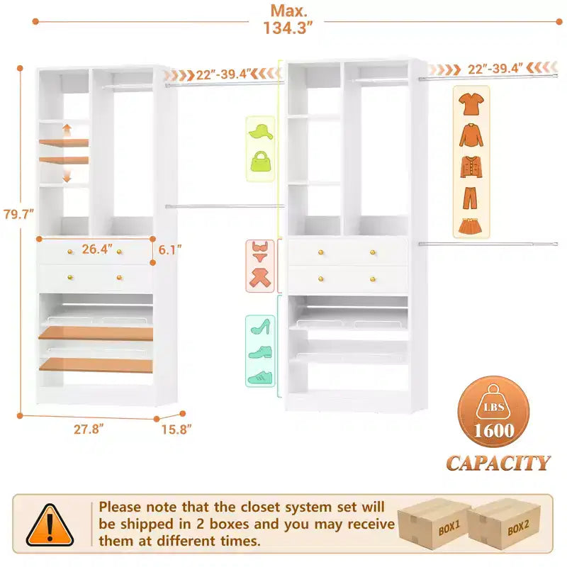 Besiost Freestanding Closet Storage System with Shoes Shelf and Hanging Rods, Walk-In Closet Organizer with Drawers