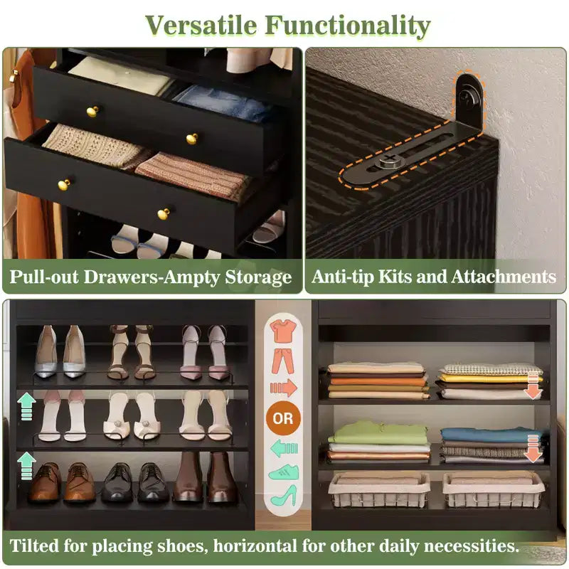 Besiost Freestanding Closet Storage System with Shoes Shelf and Hanging Rods, Walk-In Closet Organizer with Drawers