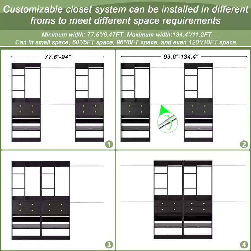 Besiost Freestanding Closet Storage System with Shoes Shelf and Hanging Rods, Walk-In Closet Organizer with Drawers