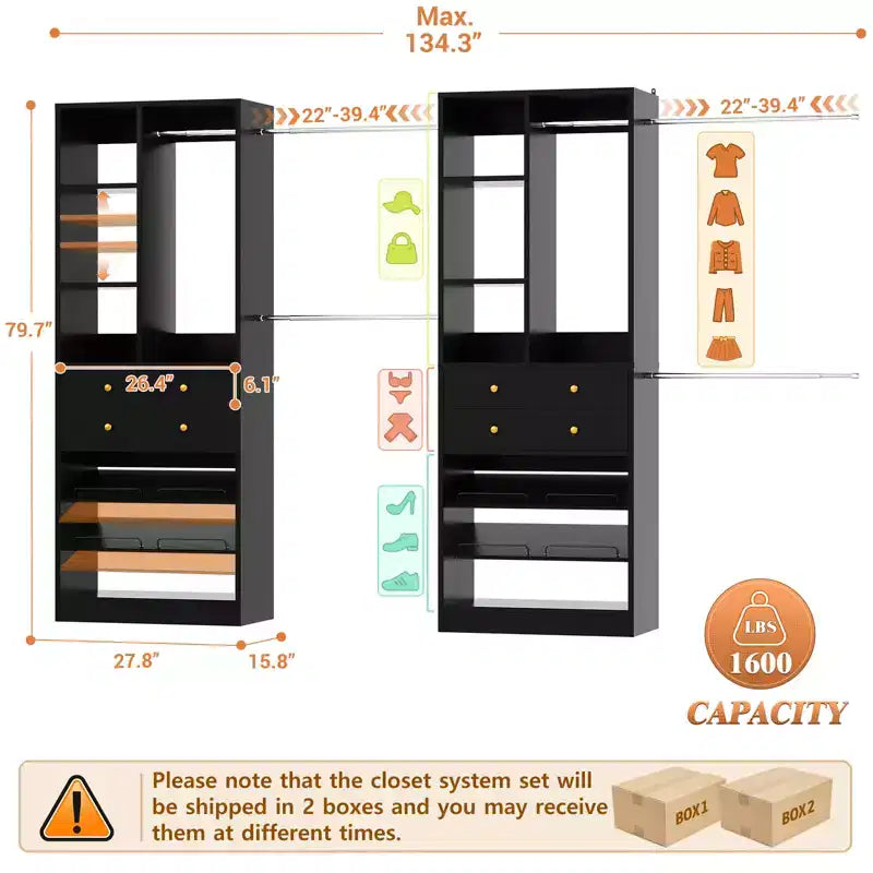 Besiost Freestanding Closet Storage System with Shoes Shelf and Hanging Rods, Walk-In Closet Organizer with Drawers