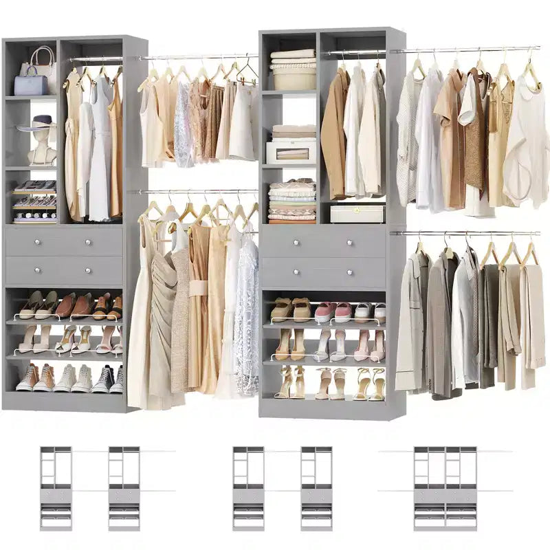 Besiost Freestanding Closet Storage System with Shoes Shelf and Hanging Rods, Walk-In Closet Organizer with Drawers