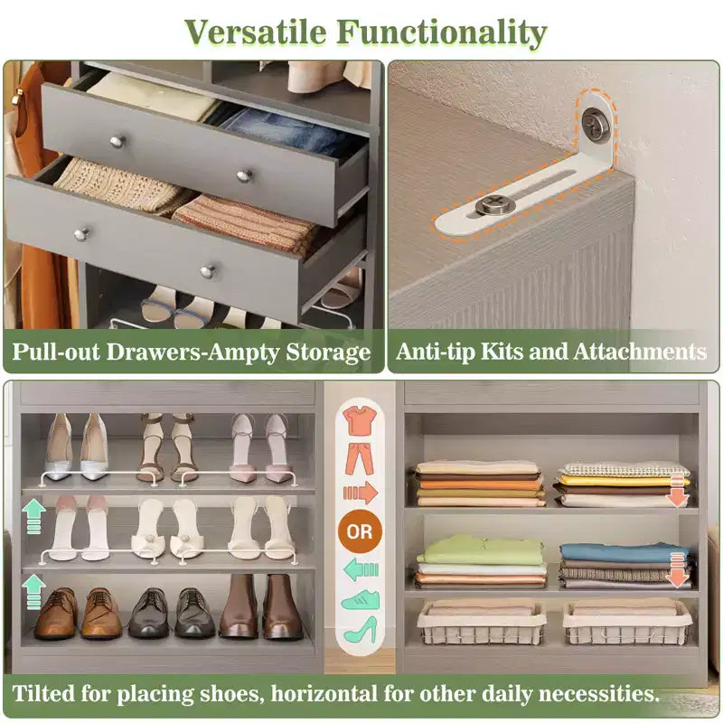 Besiost Freestanding Closet Storage System with Shoes Shelf and Hanging Rods, Walk-In Closet Organizer with Drawers