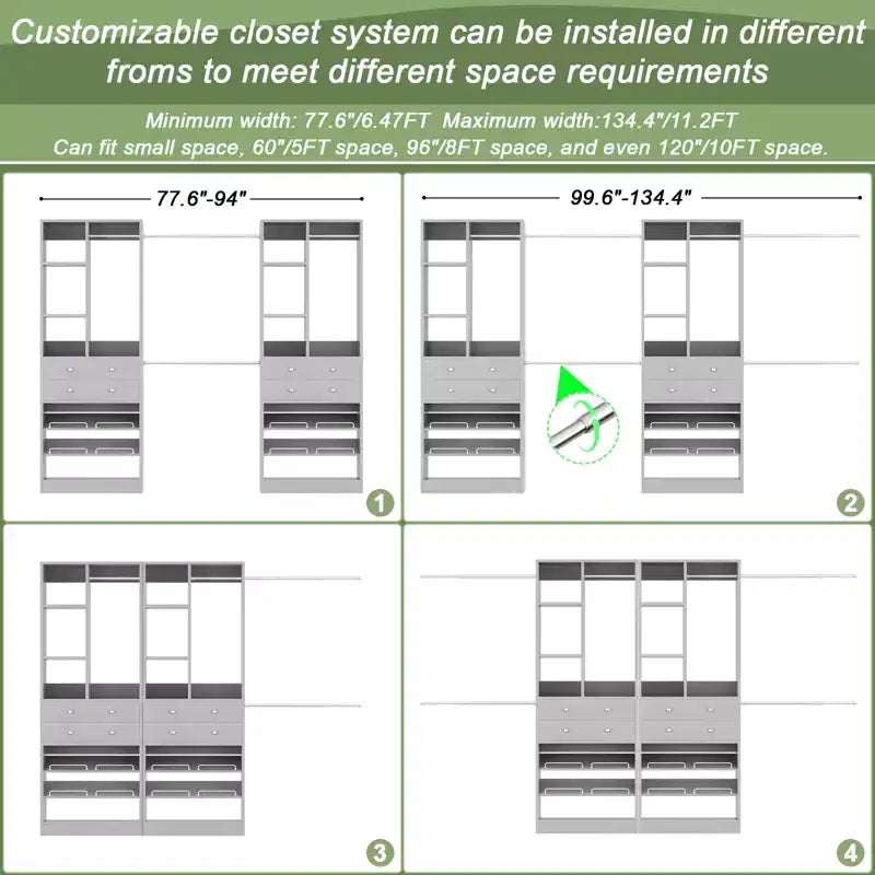 Besiost Freestanding Closet Storage System with Shoes Shelf and Hanging Rods, Walk-In Closet Organizer with Drawers