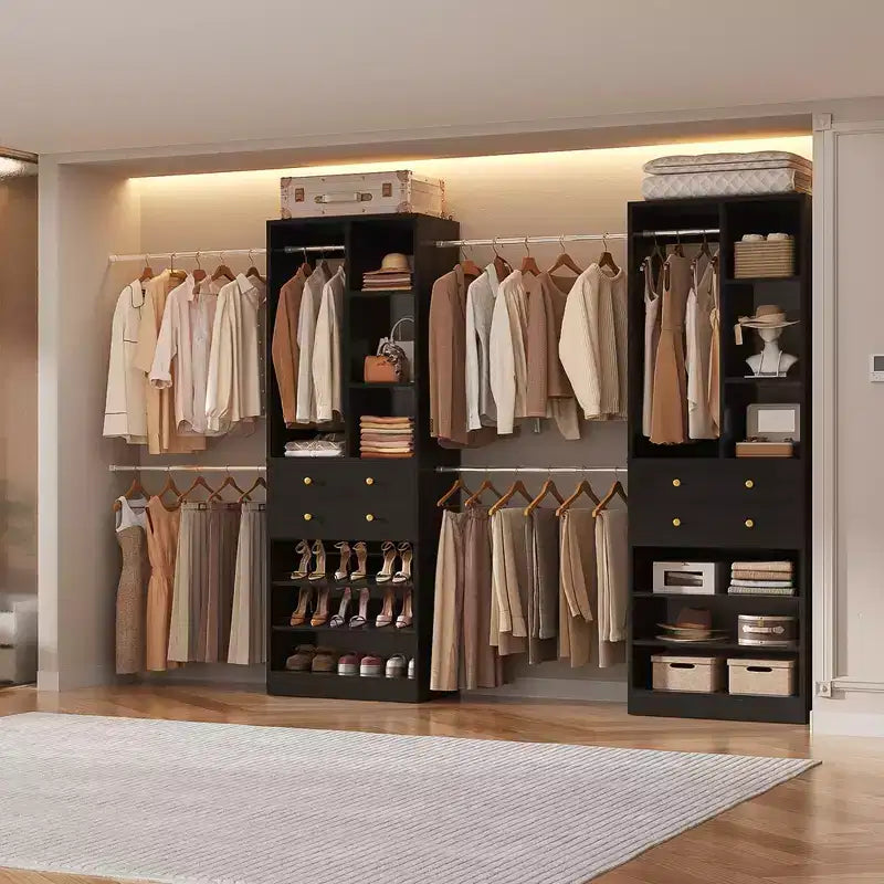 Besiost Freestanding Closet Storage System with Shoes Shelf and Hanging Rods, Walk-In Closet Organizer with Drawers