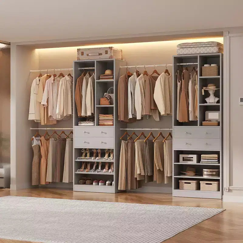 Besiost Freestanding Closet Storage System with Shoes Shelf and Hanging Rods, Walk-In Closet Organizer with Drawers