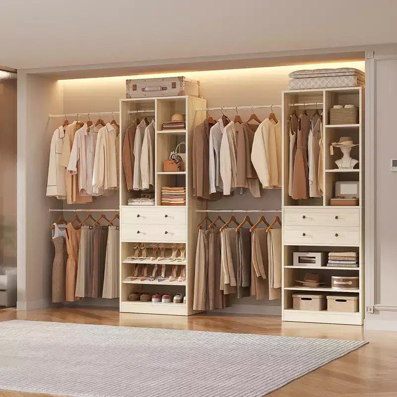Besiost Freestanding Closet Storage System with Shoes Shelf and Hanging Rods, Walk-In Closet Organizer with Drawers