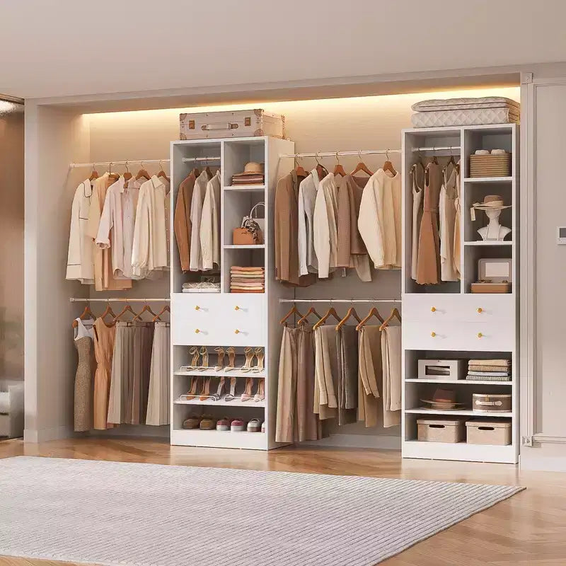 Besiost Freestanding Closet Storage System with Shoes Shelf and Hanging Rods, Walk-In Closet Organizer with Drawers