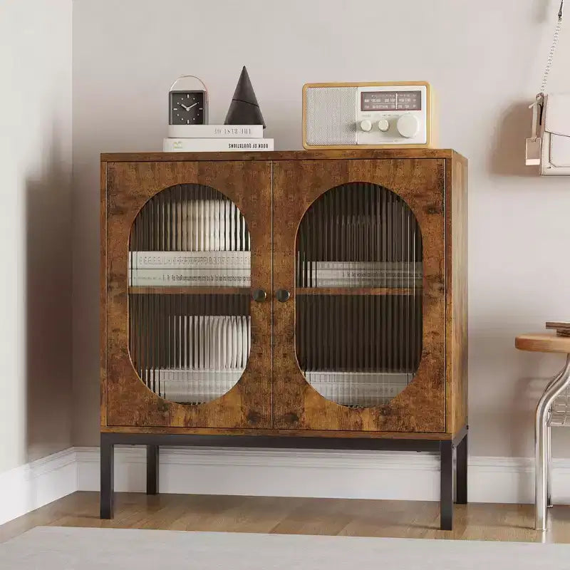 COZONY 32 Buffet Cabinet with Glass or Rattan Doors, Adjustable Shelves, Modern Accent Sideboard Console for Living Room, Dining Room, Hallway