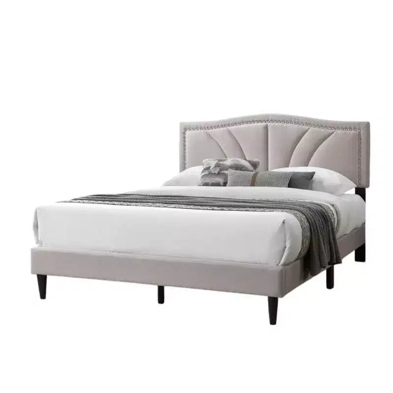 Royal Hampton Queen Size Bed, Light Brown Burlap Upholstered Curved Headboard