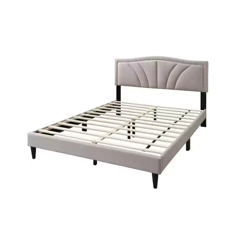 Royal Hampton Queen Size Bed, Light Brown Burlap Upholstered Curved Headboard