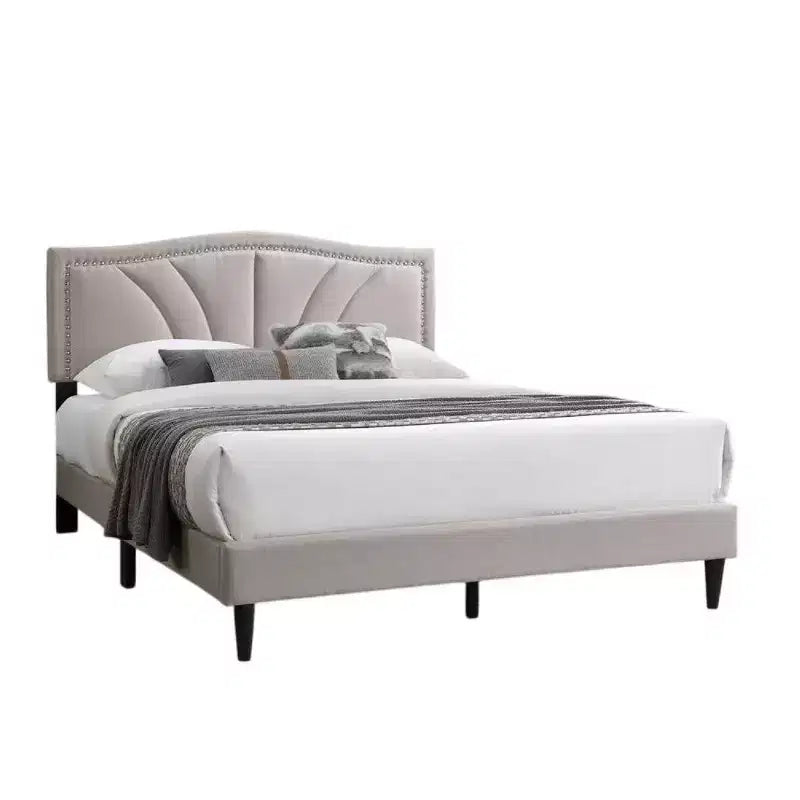 Royal Hampton Queen Size Bed, Light Brown Burlap Upholstered Curved Headboard