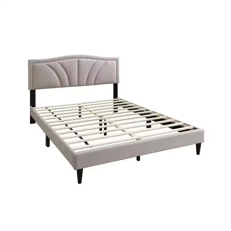 Royal Hampton Queen Size Bed, Light Brown Burlap Upholstered Curved Headboard