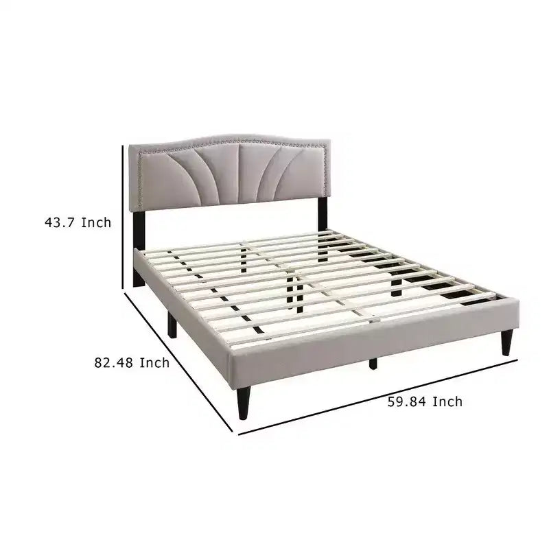 Royal Hampton Queen Size Bed, Light Brown Burlap Upholstered Curved Headboard