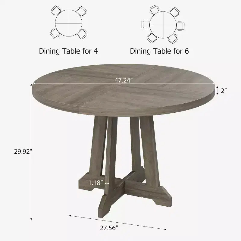 Round Dining Table for 4, 47 Inch Wooden Kitchen Circle Dinner Table with Sturty Legs for Dining Room, Kitchen, Grey