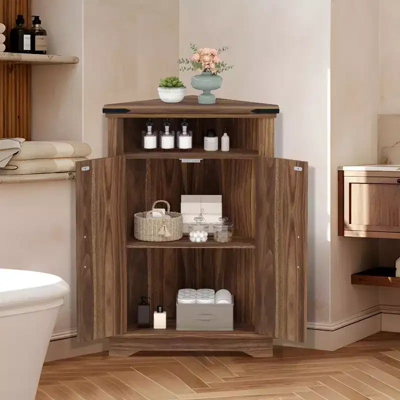 Corner Storage Cabinet with Barn Door, Farmhouse Style Corner Cabinet with Adjustable Shelves, Storage Cabinet for Living Room, Bathroom, Kitchen