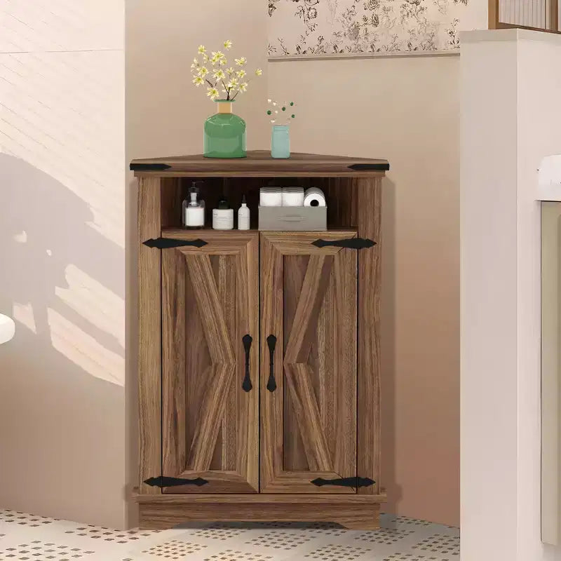 Corner Storage Cabinet with Barn Door, Farmhouse Style Corner Cabinet with Adjustable Shelves, Storage Cabinet for Living Room, Bathroom, Kitchen