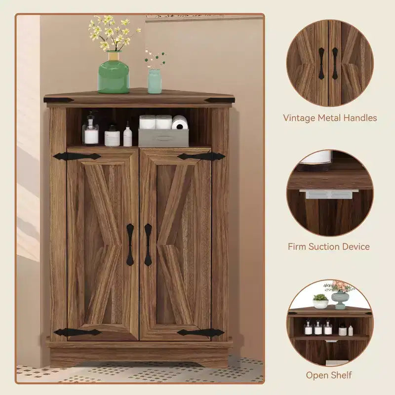 Corner Storage Cabinet with Barn Door, Farmhouse Style Corner Cabinet with Adjustable Shelves, Storage Cabinet for Living Room, Bathroom, Kitchen