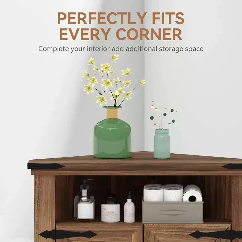 Corner Storage Cabinet with Barn Door, Farmhouse Style Corner Cabinet with Adjustable Shelves, Storage Cabinet for Living Room, Bathroom, Kitchen