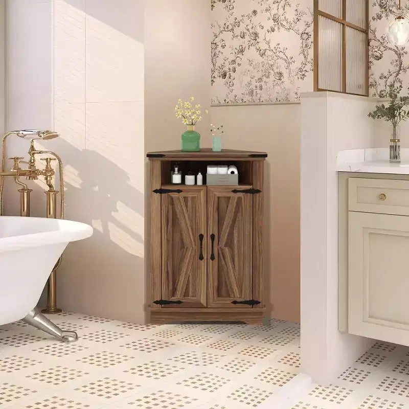 Corner Storage Cabinet with Barn Door, Farmhouse Style Corner Cabinet with Adjustable Shelves, Storage Cabinet for Living Room, Bathroom, Kitchen