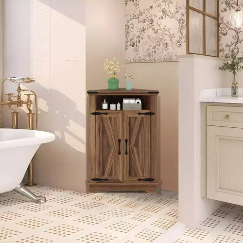 Corner Storage Cabinet with Barn Door, Farmhouse Style Corner Cabinet with Adjustable Shelves, Storage Cabinet for Living Room, Bathroom, Kitchen