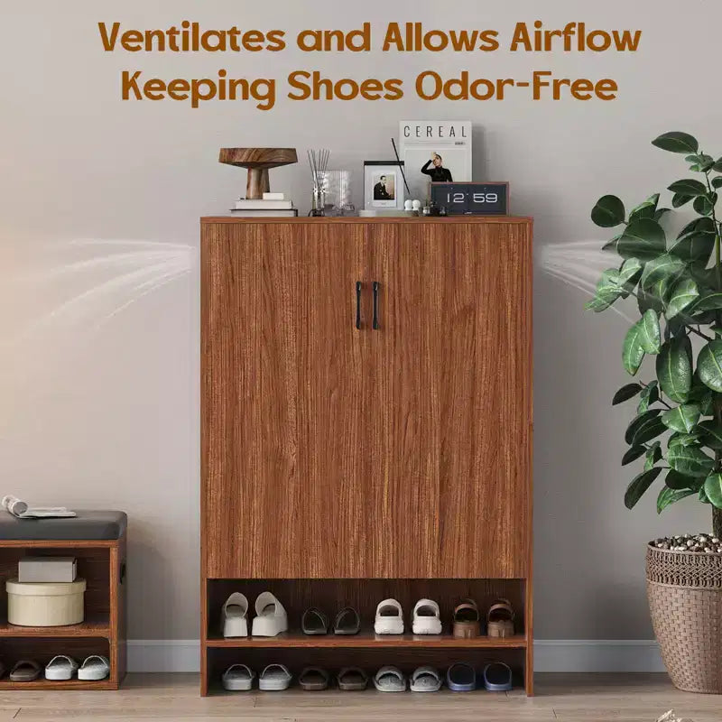 Okak Mid-Century Narrow Wooden Shoe Cabinet Side Board with Doors,7 Tier Freestanding Shoe Rack for Corridors, Entrances