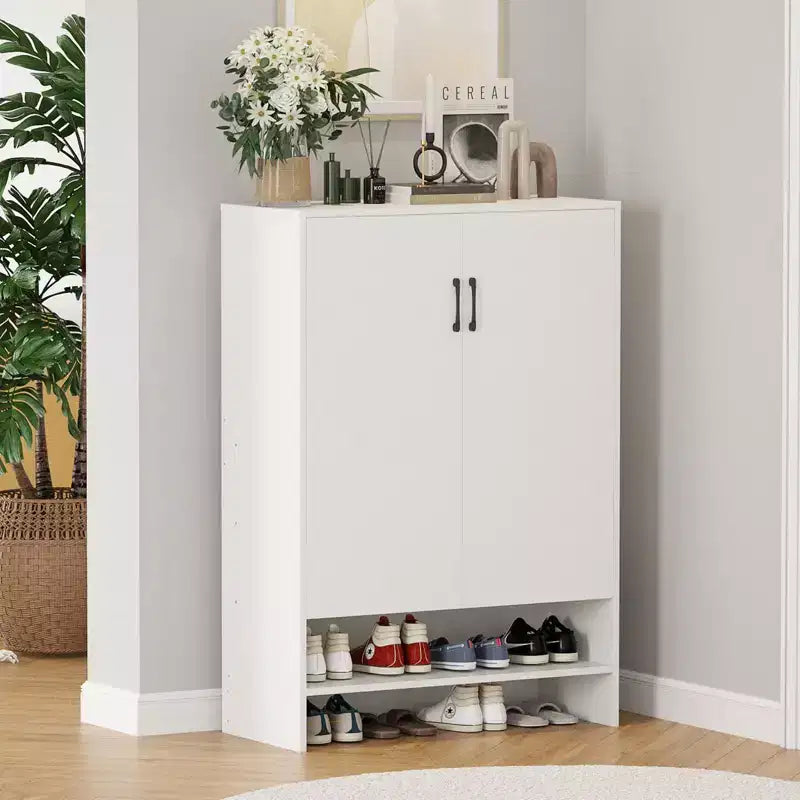 Okak Mid-Century Narrow Wooden Shoe Cabinet Side Board with Doors,7 Tier Freestanding Shoe Rack for Corridors, Entrances