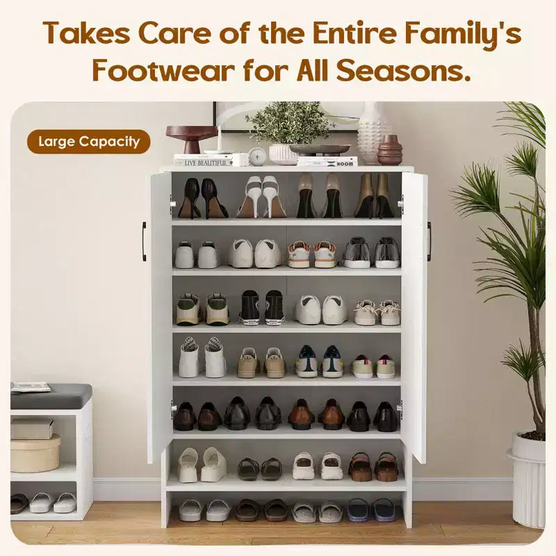 Okak Mid-Century Narrow Wooden Shoe Cabinet Side Board with Doors,7 Tier Freestanding Shoe Rack for Corridors, Entrances