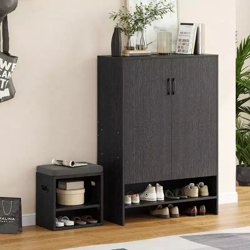 Okak Mid-Century Narrow Wooden Shoe Cabinet Side Board with Doors,7 Tier Freestanding Shoe Rack for Corridors, Entrances