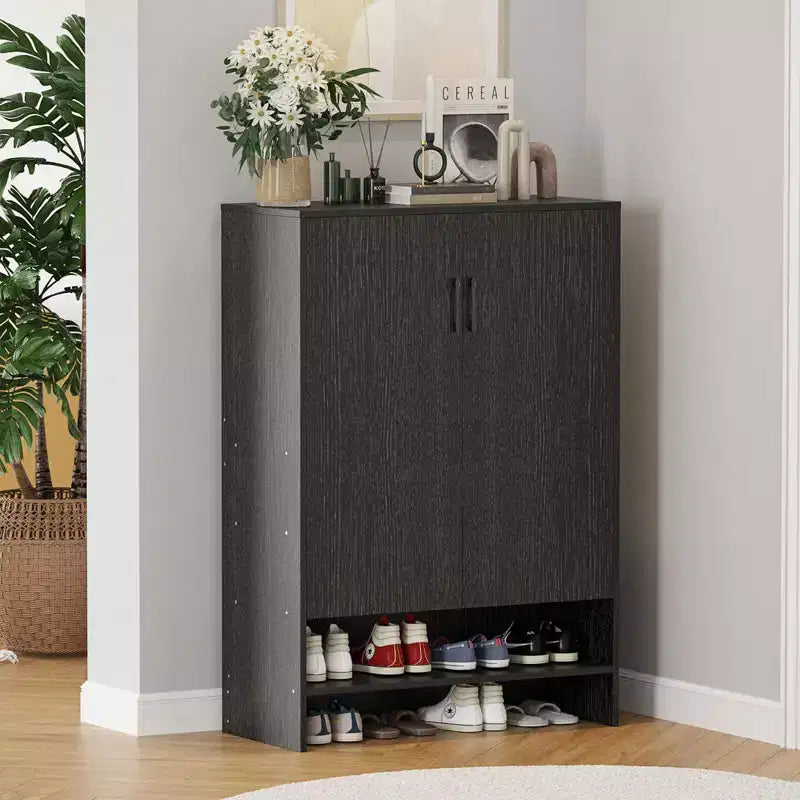 Okak Mid-Century Narrow Wooden Shoe Cabinet Side Board with Doors,7 Tier Freestanding Shoe Rack for Corridors, Entrances