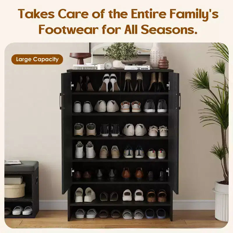 Okak Mid-Century Narrow Wooden Shoe Cabinet Side Board with Doors,7 Tier Freestanding Shoe Rack for Corridors, Entrances