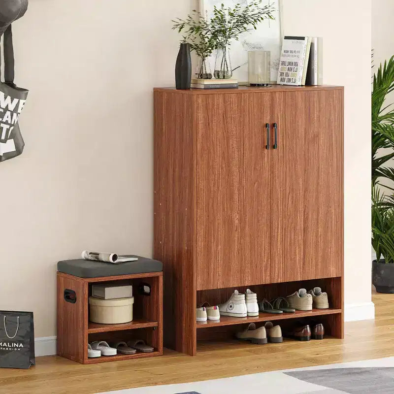 Okak Mid-Century Narrow Wooden Shoe Cabinet Side Board with Doors,7 Tier Freestanding Shoe Rack for Corridors, Entrances