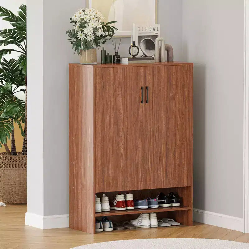 Okak Mid-Century Narrow Wooden Shoe Cabinet Side Board with Doors,7 Tier Freestanding Shoe Rack for Corridors, Entrances