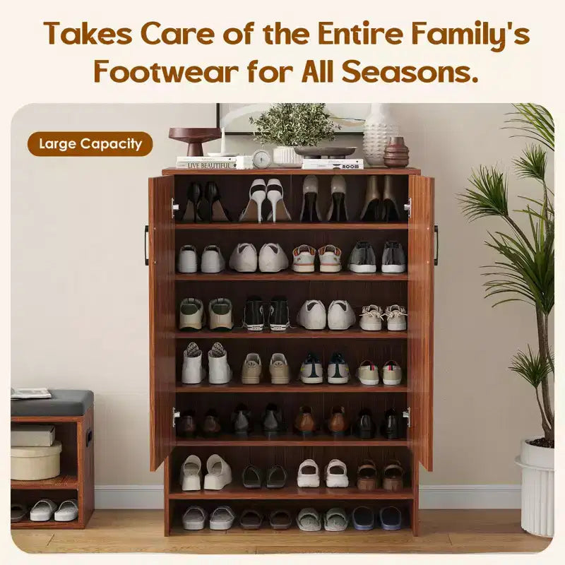 Okak Mid-Century Narrow Wooden Shoe Cabinet Side Board with Doors,7 Tier Freestanding Shoe Rack for Corridors, Entrances