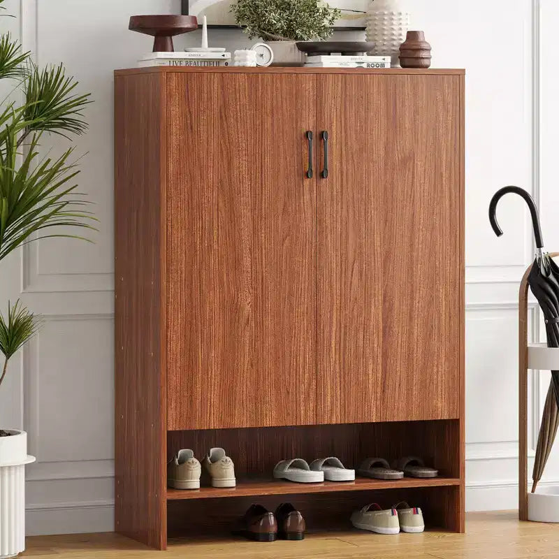 Okak Mid-Century Narrow Wooden Shoe Cabinet Side Board with Doors,7 Tier Freestanding Shoe Rack for Corridors, Entrances