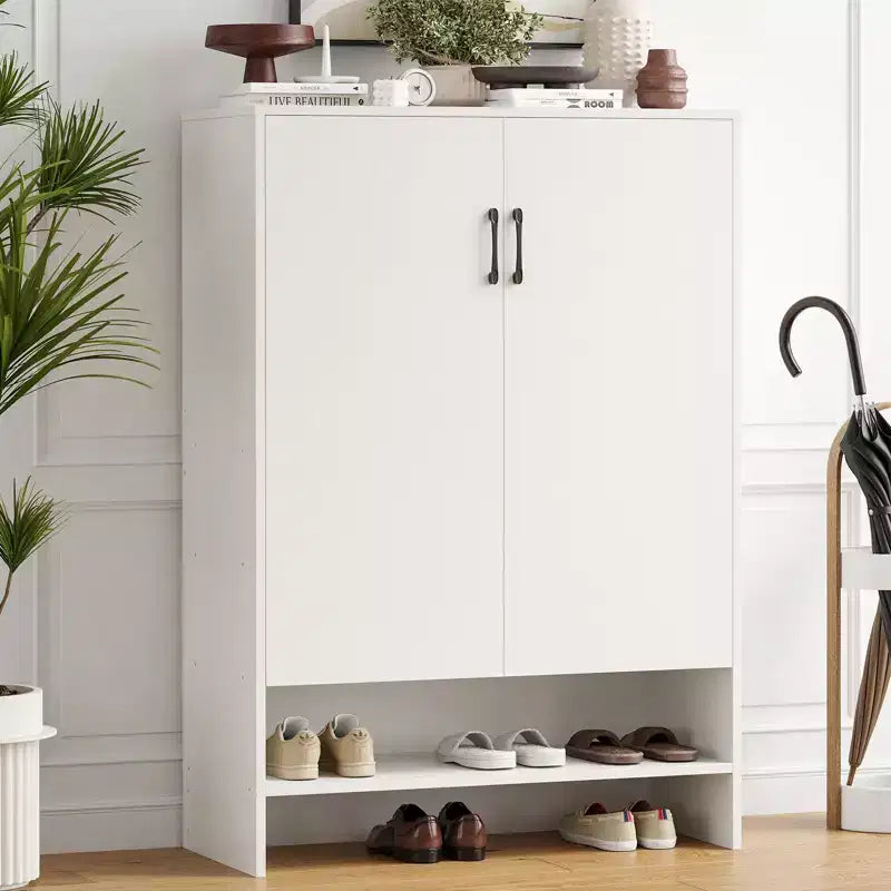 Okak Mid-Century Narrow Wooden Shoe Cabinet Side Board with Doors,7 Tier Freestanding Shoe Rack for Corridors, Entrances