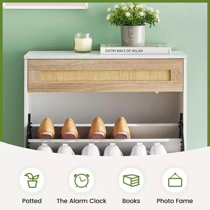 Rattan Shoe Cabinet Storage with 3 Drawers, with Flip-Down Compartments and Drawer, 24 Freestanding Shoe Organizer Wooden, with Adjustable Shelves